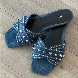 Zara Denim Stud Embellished Slide Mules - Blue